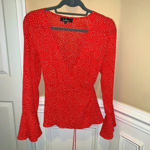 Lulus wrap red polka dot tie blouse